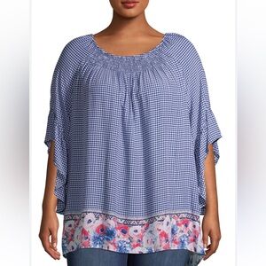 Terra & Sky Blue Pink Gingham Checker Plaid Floral Blouse - Size 0X